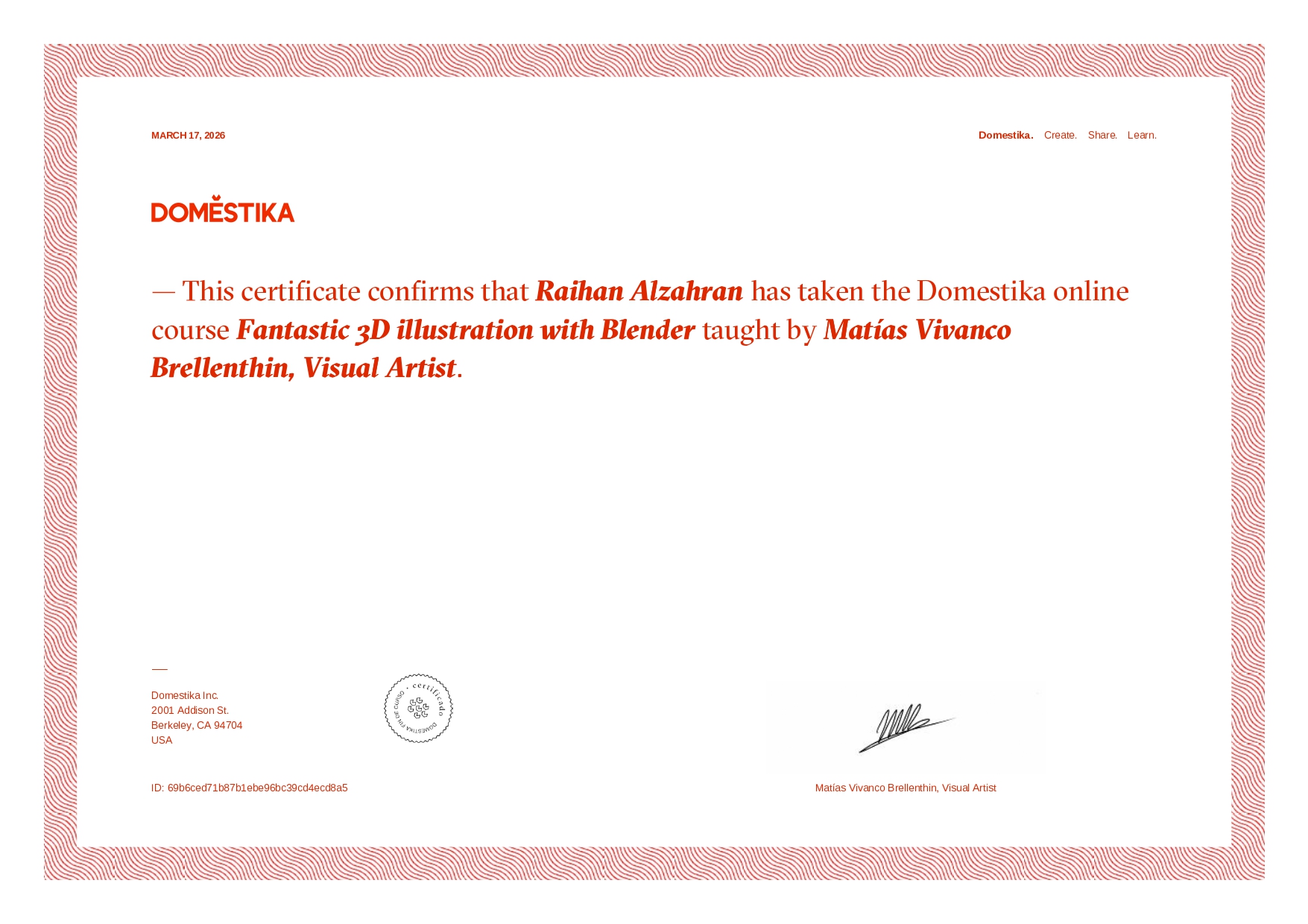 Sertifikat Domestika Blender